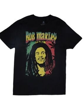 Bob Marley Graphic Tee - Black with Red, Green, Yellow Print